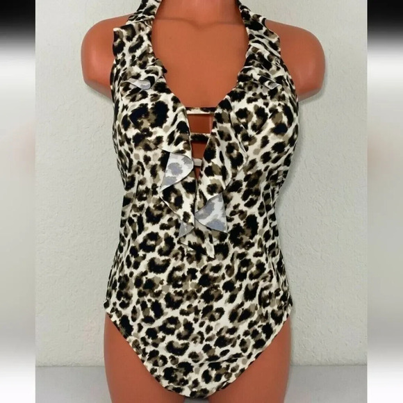 Bleu Rod Beattie Women's Halter Ruffle One Piece Swimsuit Leopard Print Size 8 - Picture 1 of 16